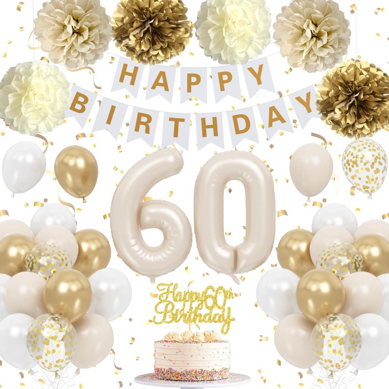 Froova 60th Birthday Decorations for Women Men Beige Gold White Birthday Balloons Happy 60th Banner Cake Topper Neutral Number 60 Foil Balloon Pom Poms for 60 Years Old Bday Party Decoration Supplies - Image 2