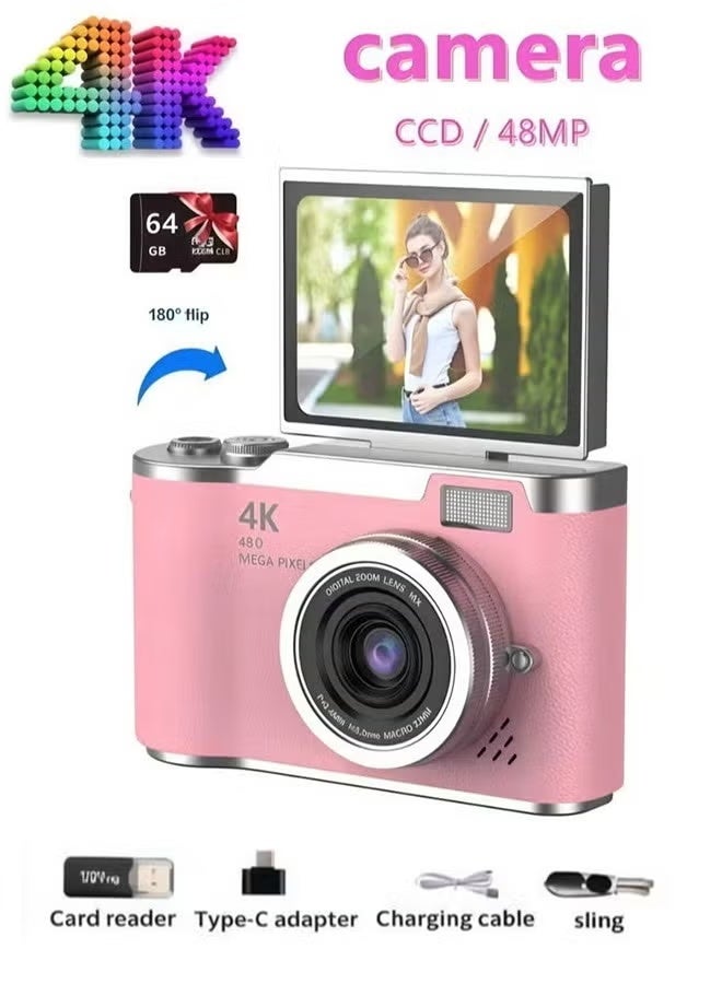 Digital Camera With 64GB Memory Card 4k CCD Digital Zoom Student Digital Cameras 48MP Portable Digital Photography Camera 180° Flip Screen Selfie Camera, Portable Pocket Camera