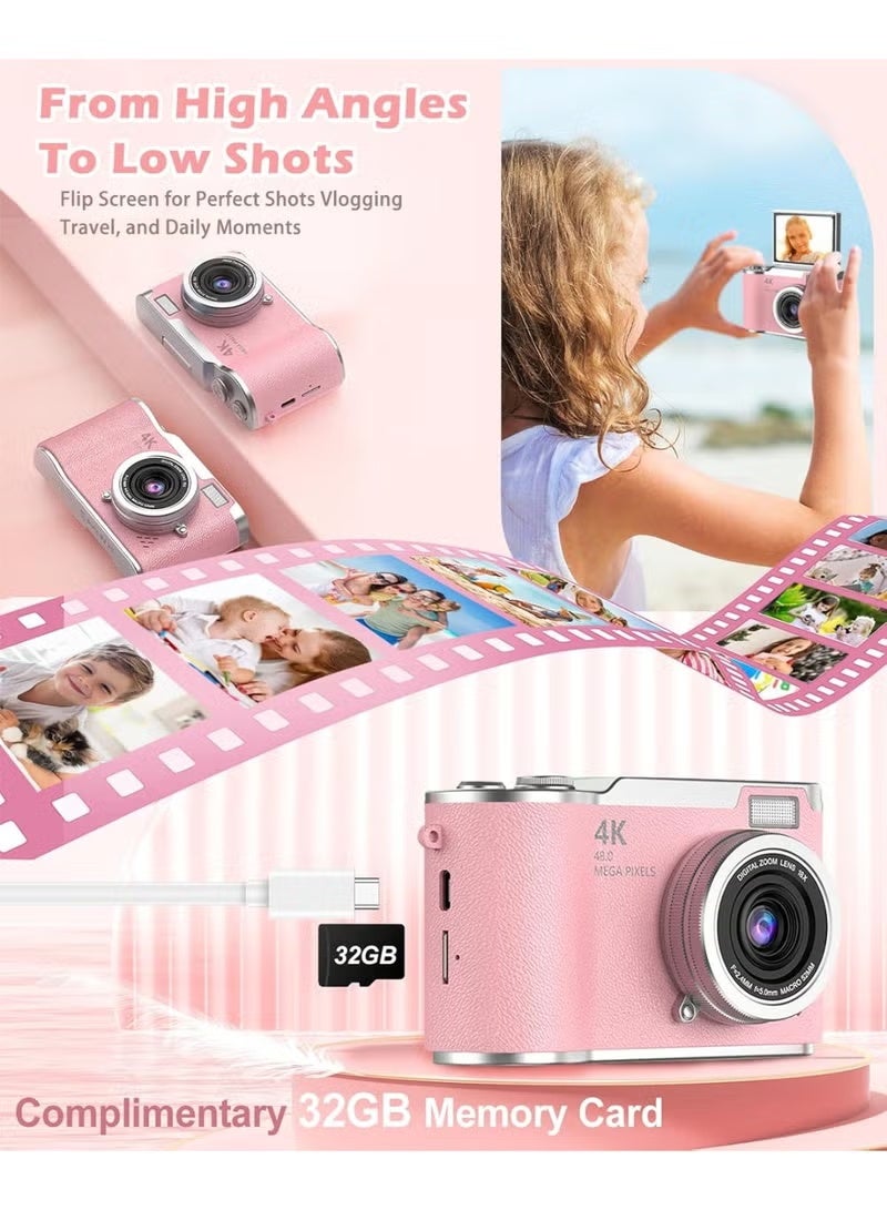 ZONBON Digital Camera With 64GB Memory Card 4k CCD Digital Zoom Student Digital Cameras 48MP Portable Digital Photography Camera 180° Flip Screen Selfie Camera, Portable Pocket Camera - Image 2