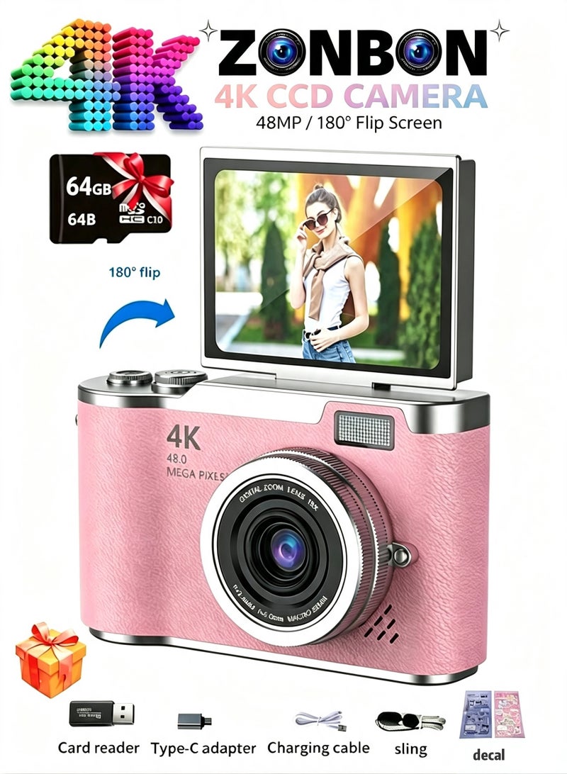 زونبون كاميرا رقمية ببطاقة ذاكرة 64 جيجابايت 4k CCD زووم رقمي كاميرات رقمية للطلاب 48 ميجابكسل كاميرا تصوير رقمية محمولة شاشة قابلة للقلب 180 درجة كاميرا سيلفي، كاميرا جيب محمولة - Image 1