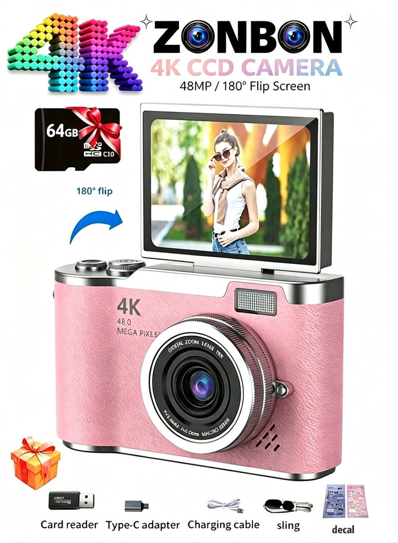 زونبون كاميرا رقمية ببطاقة ذاكرة 64 جيجابايت 4k CCD زووم رقمي كاميرات رقمية للطلاب 48 ميجابكسل كاميرا تصوير رقمية محمولة شاشة قابلة للقلب 180 درجة كاميرا سيلفي، كاميرا جيب محمولة - Image 1