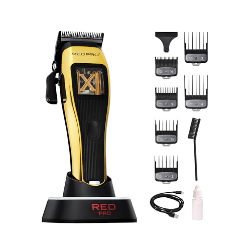RED Pro X-King Cordless Hair Clipper for Men Hair Cutting, Strong & Fast Vector Motor, DLC Diamond Like Carbon Coated Blade, Rechargeable USB-C Charging Cradle, 6 Guards (Gold) - Image 1