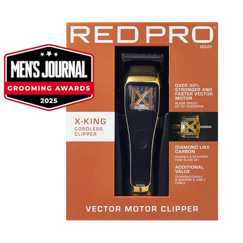 RED Pro X-King Cordless Hair Clipper for Men Hair Cutting, Strong & Fast Vector Motor, DLC Diamond Like Carbon Coated Blade, Rechargeable USB-C Charging Cradle, 6 Guards (Gold) - Image 2