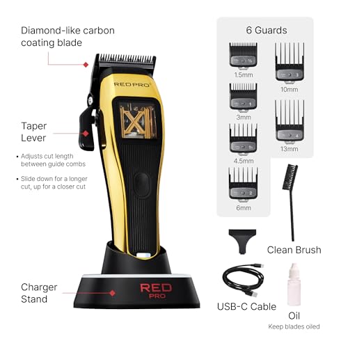 RED Pro X-King Cordless Hair Clipper for Men Hair Cutting, Strong & Fast Vector Motor, DLC Diamond Like Carbon Coated Blade, Rechargeable USB-C Charging Cradle, 6 Guards (Gold) - Image 4