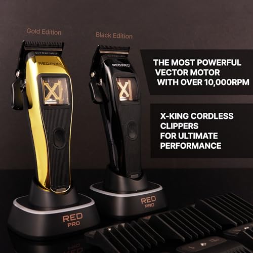 RED Pro X-King Cordless Hair Clipper for Men Hair Cutting, Strong & Fast Vector Motor, DLC Diamond Like Carbon Coated Blade, Rechargeable USB-C Charging Cradle, 6 Guards (Gold) - Image 5