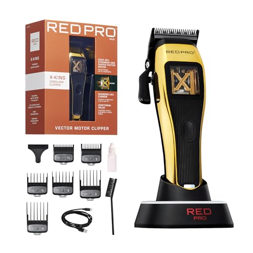 RED Pro X-King Cordless Hair Clipper for Men Hair Cutting, Strong & Fast Vector Motor, DLC Diamond Like Carbon Coated Blade, Rechargeable USB-C Charging Cradle, 6 Guards (Gold) - Image 3