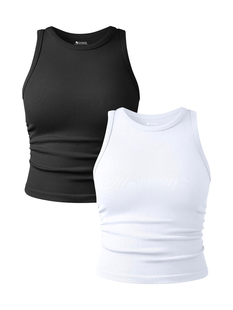 OQQ Women's 2 Piece Tank Tops Crew Neck Sleeveless Basic Stretch Casusal Yoga Crop Camis Black White - Image 1