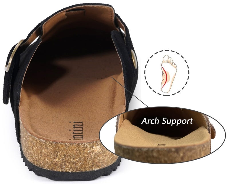 Intini Genuine Suede Leather Clogs for Women's Men's Slip on Mules Antislip Cork Sandals Shoes with Buckle Arch Support Black - Image 3