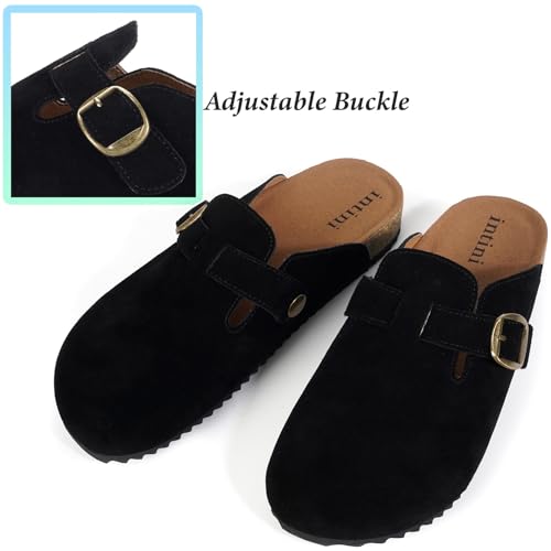 Intini Genuine Suede Leather Clogs for Women's Men's Slip on Mules Antislip Cork Sandals Shoes with Buckle Arch Support Black - Image 5