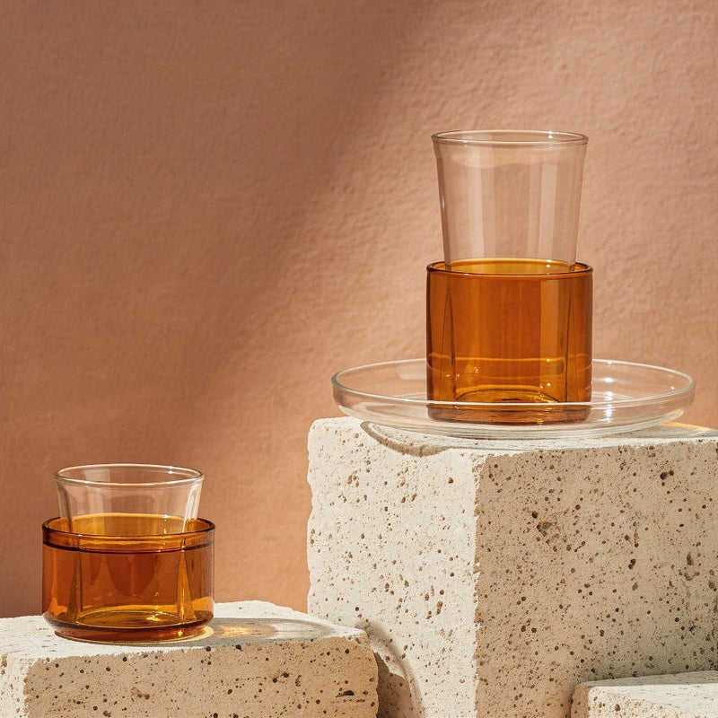 طقم أكواب شاي وقهوة متعدد الطبقات - تصميم غلاف ثنائي اللون مع صحن شفاف