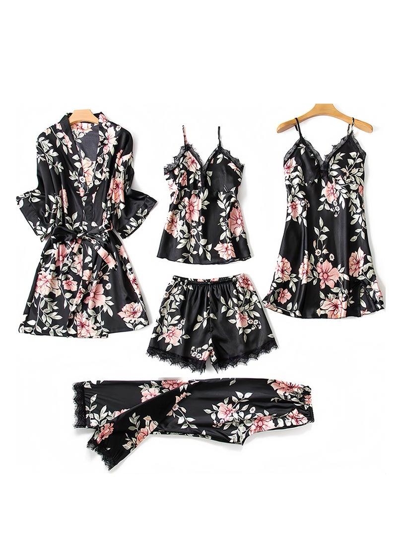 Lee Yon 5-Pack Women's Sleepwear Set Sling Lace Nightdress Sweet Pajama Home Wearing Clothes Loungewear Suits Floral Printing Ladies Nightwear Lingerie Robe Underwear Shorts Summer Spring, XL(167-174CM,59-67KG)  - Image 1