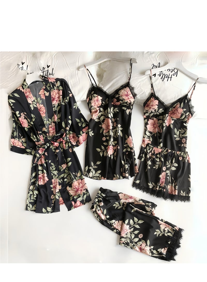 Lee Yon 5-Pack Women's Sleepwear Set Sling Lace Nightdress Sweet Pajama Home Wearing Clothes Loungewear Suits Floral Printing Ladies Nightwear Lingerie Robe Underwear Shorts Summer Spring, XL(167-174CM,59-67KG)  - Image 4