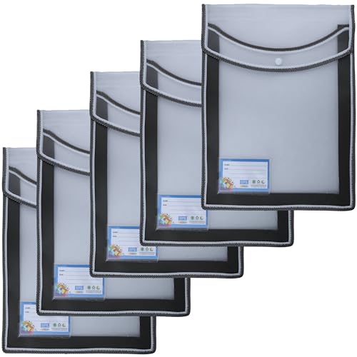 SPS File Folder, Transparent Poly-Plastic A4/Foolscap Documents File Storage Bag with Snap Button Set of 5/Certificate File Folder (Vertical, Black, Pack of 5) - Image 1