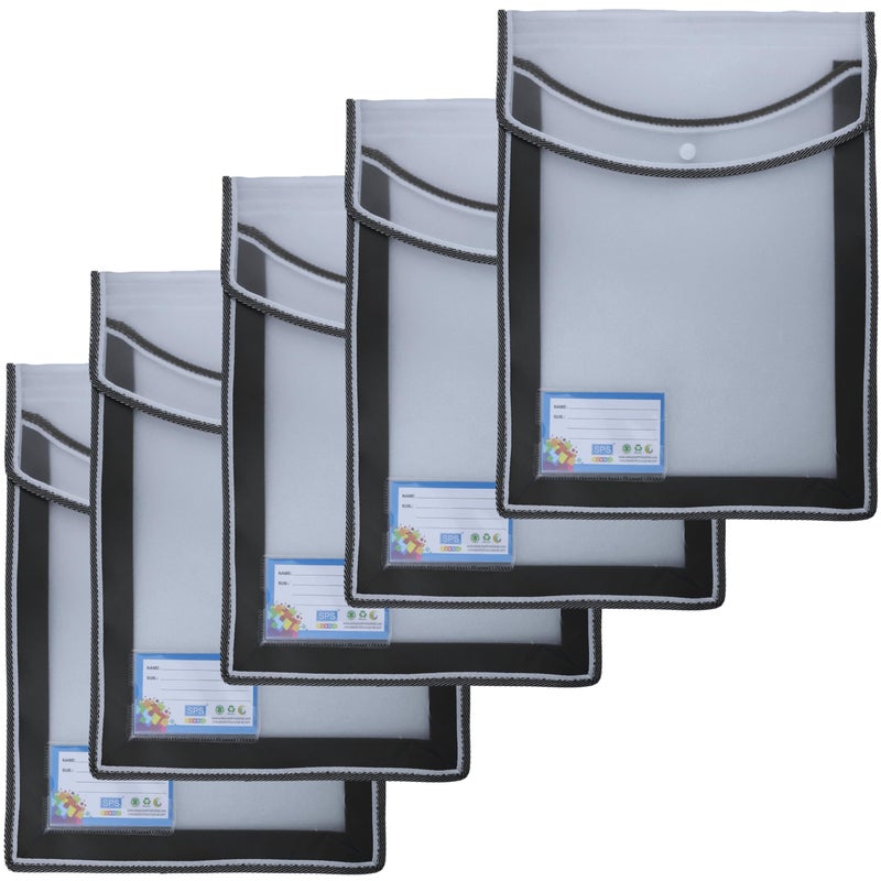 SPS File Folder, Transparent Poly-Plastic A4/Foolscap Documents File Storage Bag with Snap Button Set of 5/Certificate File Folder (Vertical, Black, Pack of 5) - Image 4