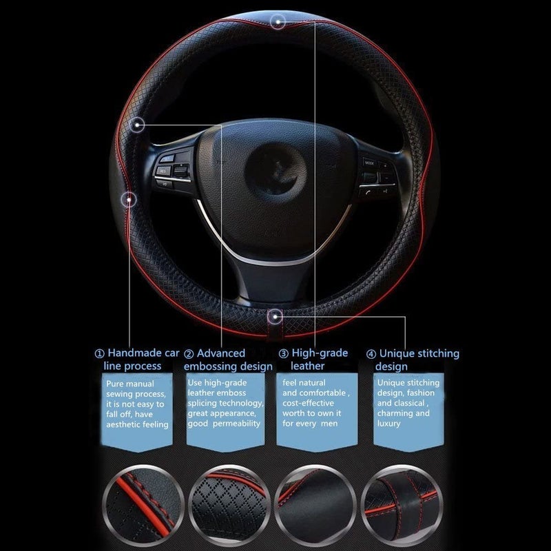 Reswish ESEWALAS Universal Car Steering Wheel Cover,Anti-Slip Leather Steering Wheel Cover,Sports Style Steering Wheel Protector,Car Interior Accessories Auto Steering Wheel Covers (Black with Red) - Image 4