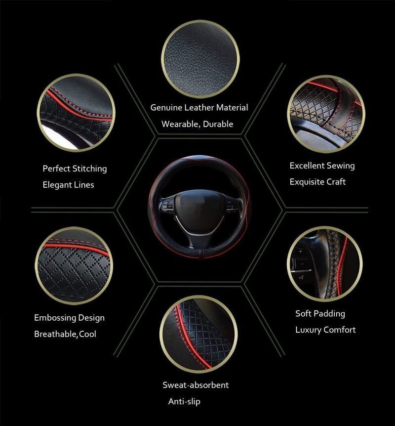 Reswish ESEWALAS Universal Car Steering Wheel Cover,Anti-Slip Leather Steering Wheel Cover,Sports Style Steering Wheel Protector,Car Interior Accessories Auto Steering Wheel Covers (Black with Red) - Image 3