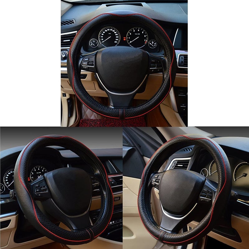 Reswish ESEWALAS Universal Car Steering Wheel Cover,Anti-Slip Leather Steering Wheel Cover,Sports Style Steering Wheel Protector,Car Interior Accessories Auto Steering Wheel Covers (Black with Red) - Image 2