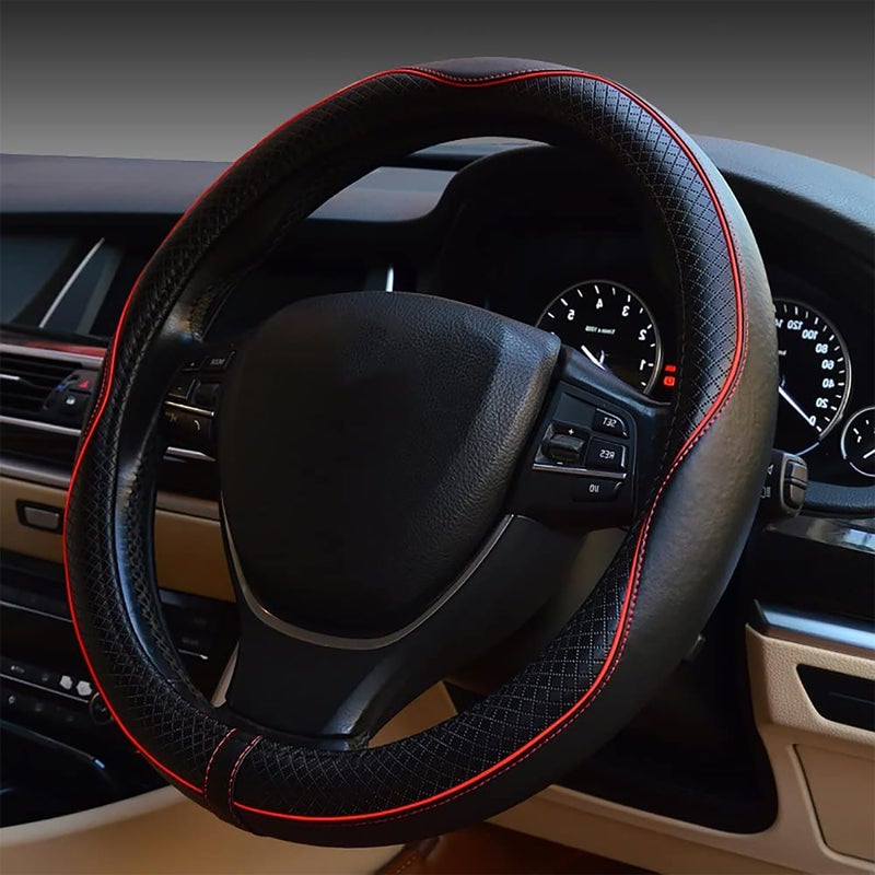 Reswish ESEWALAS Universal Car Steering Wheel Cover,Anti-Slip Leather Steering Wheel Cover,Sports Style Steering Wheel Protector,Car Interior Accessories Auto Steering Wheel Covers (Black with Red) - Image 1