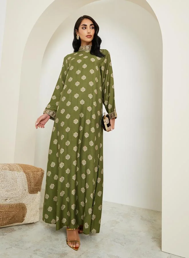 Amirah Women Stand Collar Printed Jalabiya With Lace Trim