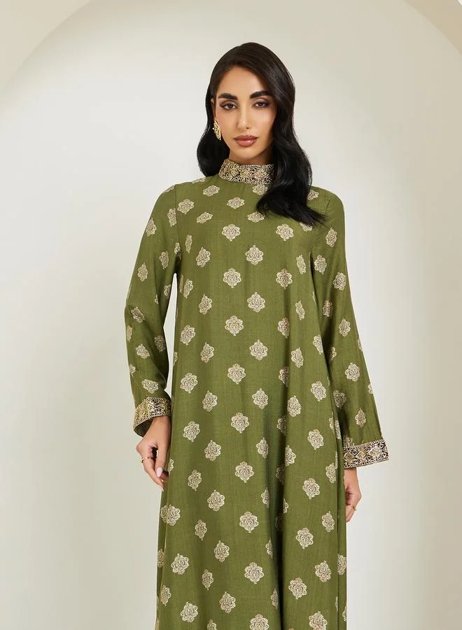 Amirah Women Stand Collar Printed Jalabiya With Lace Trim
