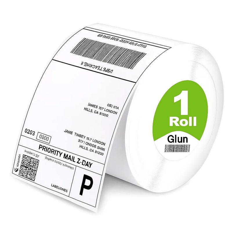 GLUN® ملصقات لاصقة حرارية مباشرة، 4x6 بوصة (100x150 مم)، 400 ملصق لكل لفة متوافقة مع الطابعات الحرارية، ملصقات شحن ذاتية اللصق عبوة من 1 - Image 1