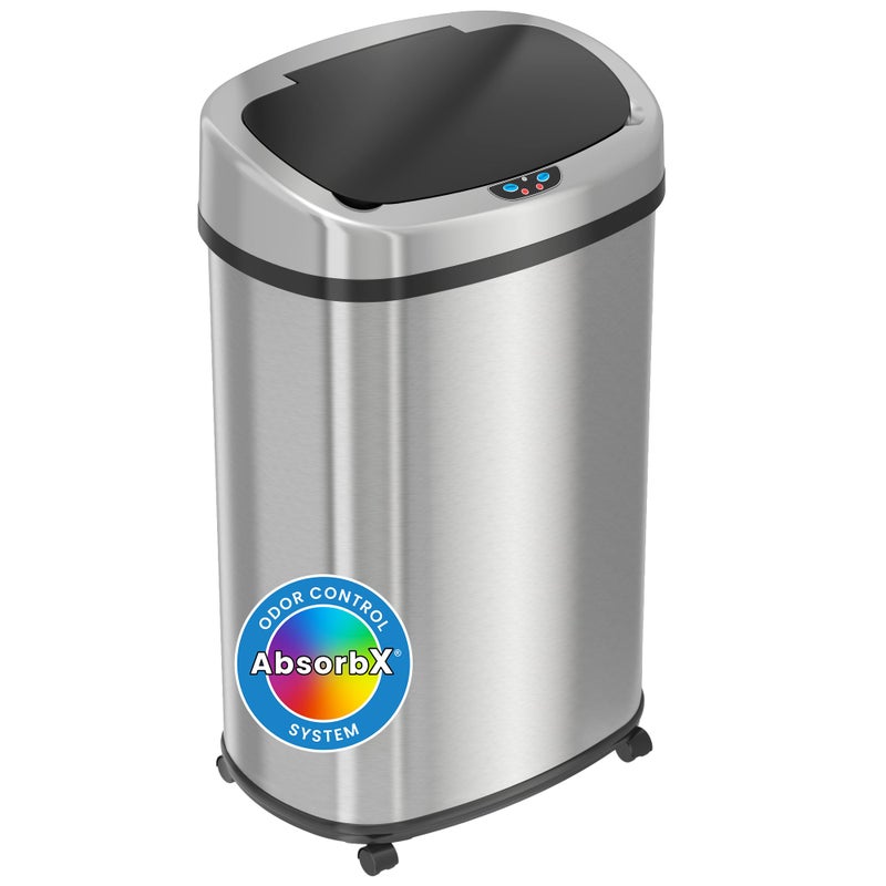 SensorCan Glide 13 Gallon Rolling Sensor Kitchen Trash Can with Lid and Wheels Odor Filter Stainless Steel Automatic Kitchen Trashcan Home Office Bedroom Living Room Garage Wastebasket Garbage Bin