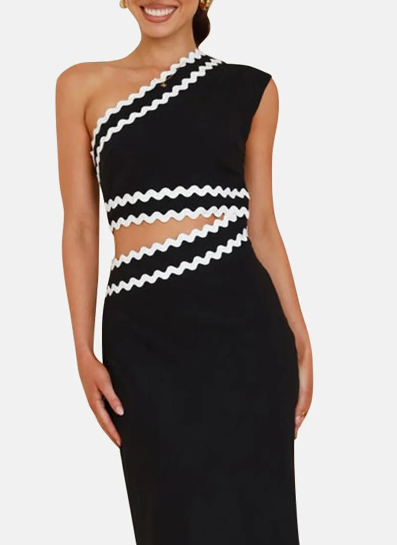 YUNIQEE Black One Shoulder Chiffon Bodycon Midi Dress