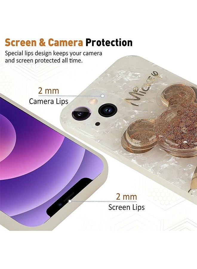 HS - Compatible with iPhone 14 Plus Cartoon Case, Mickey Mouse with Quicksand Cell Phone Holder Strap Soft TPU Shockproof Protective White - Image 1