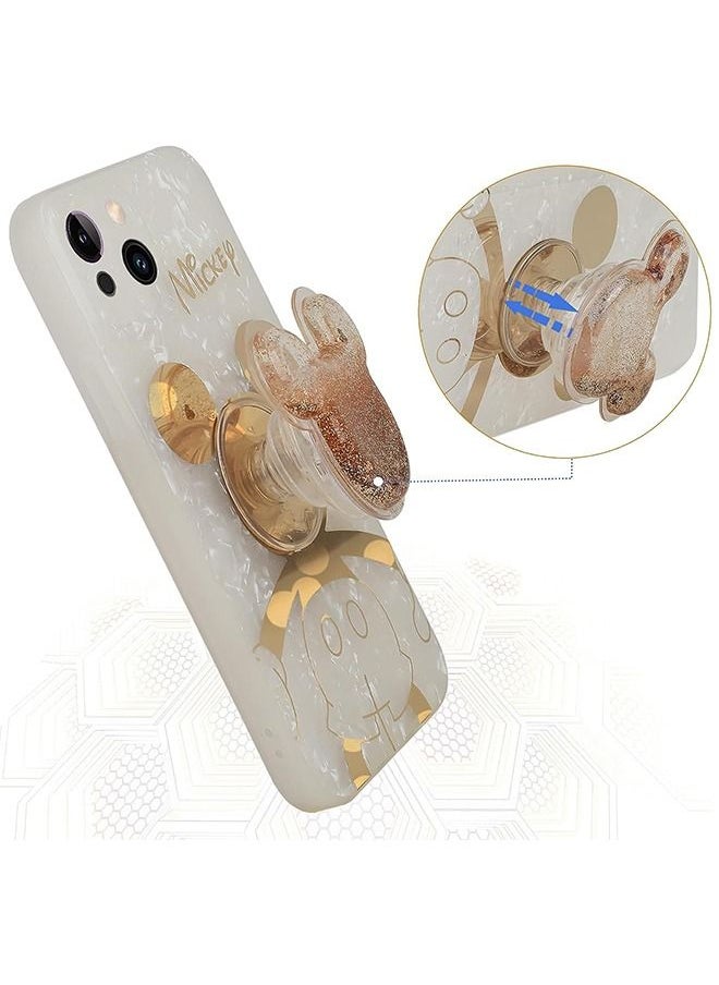 HS - Compatible with iPhone 14 Plus Cartoon Case, Mickey Mouse with Quicksand Cell Phone Holder Strap Soft TPU Shockproof Protective White - Image 1