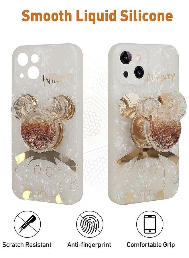 HS - Compatible with iPhone 14 Plus Cartoon Case, Mickey Mouse with Quicksand Cell Phone Holder Strap Soft TPU Shockproof Protective White - Image 1