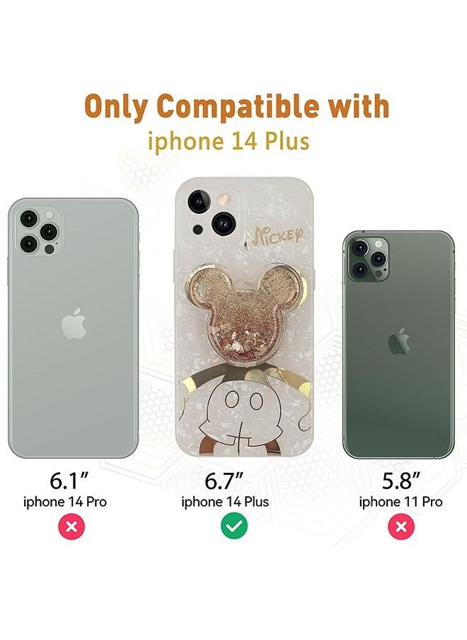 HS - Compatible with iPhone 14 Plus Cartoon Case, Mickey Mouse with Quicksand Cell Phone Holder Strap Soft TPU Shockproof Protective White - Image 1