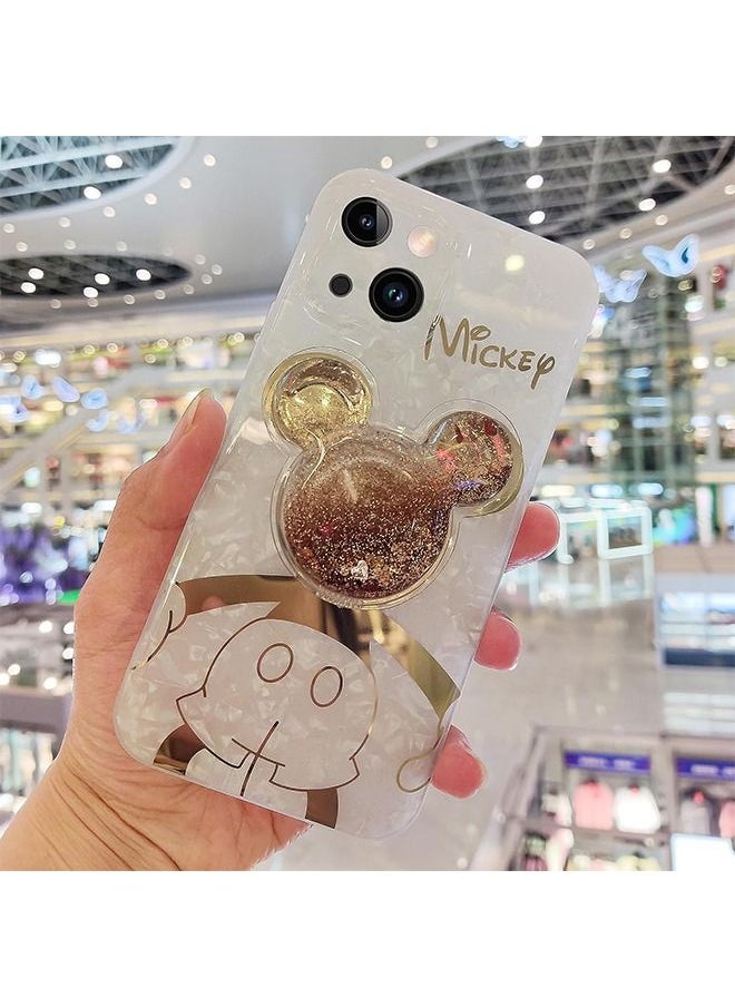 HS - Compatible with iPhone 14 Plus Cartoon Case, Mickey Mouse with Quicksand Cell Phone Holder Strap Soft TPU Shockproof Protective White - Image 1