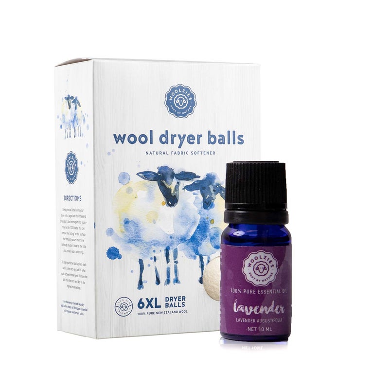 Woolzies Wool Dryer Balls Organic: 6 XL Laundry Balls for Dryer + 10 ml Lavender Essential Oil Combo for use as 100% Pure and Natural Fabric Softener | Best Scented Wool Balls Laundry - Image 1