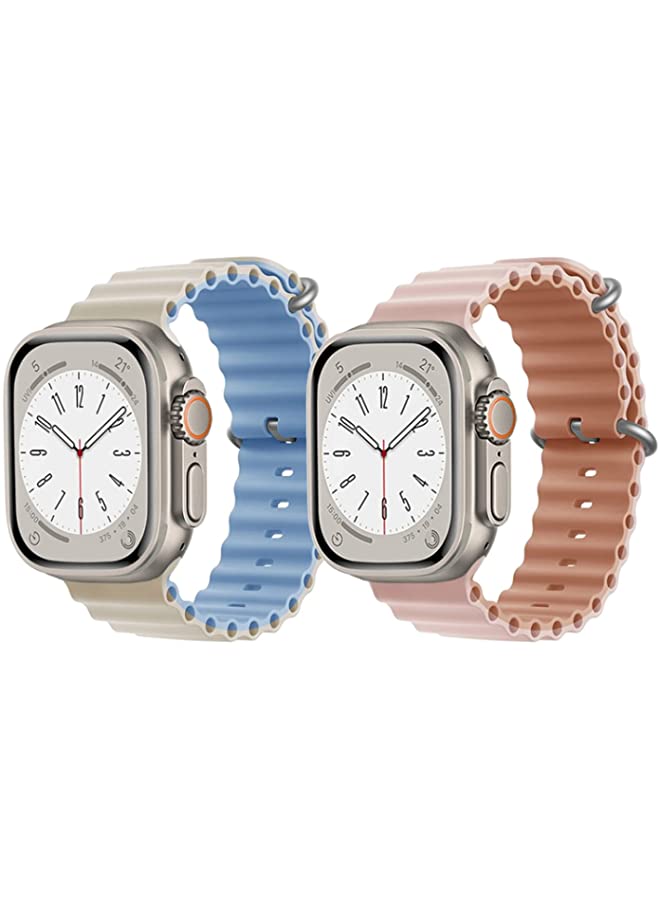 IAF Silicone Ocean Band Strap for Apple Watch Ultra 8 49mm Beige/Sky Blue Double Side Strap with Pink/Beige Double Side Strap Set of 2