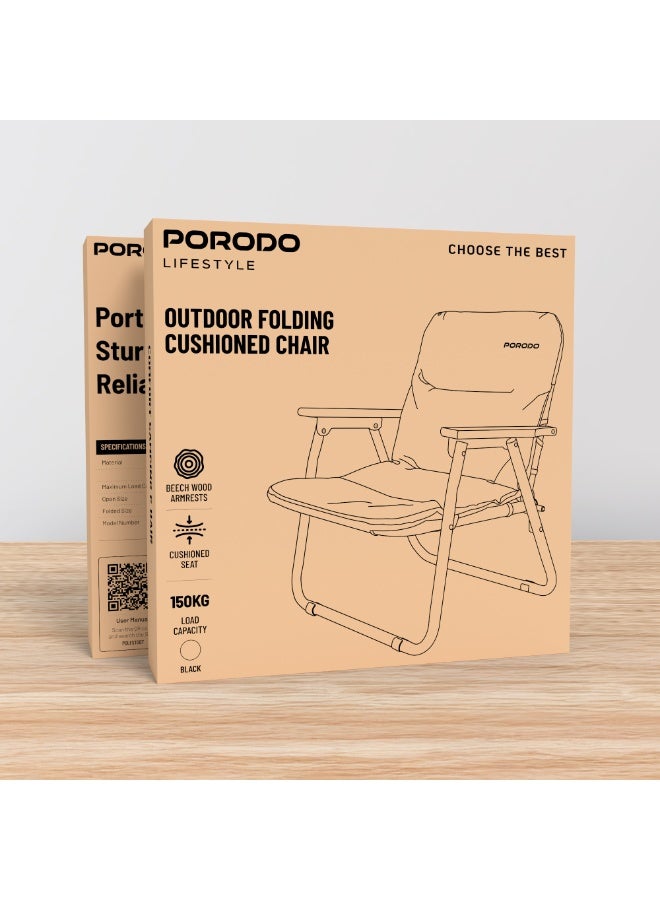 porodo كرسي تخييم قابل للطي مريح / إطار ألمنيوم / مساند ذراع من خشب الزان / مقعد مبطن / سعة 150 كجم / مدمج وخفيف الوزن - أسود - Image 2