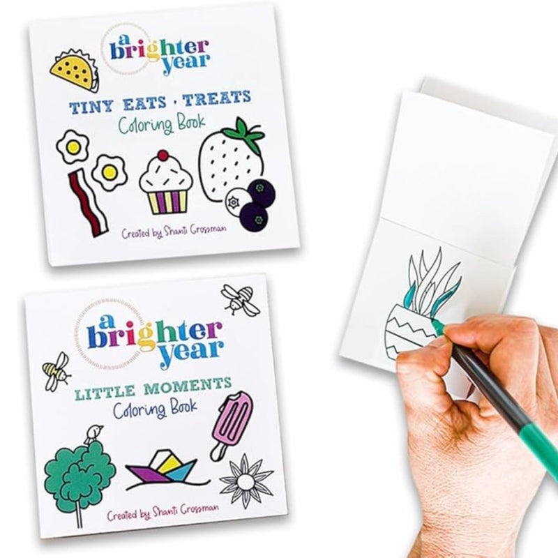 A Brighter Year Pocket Size Tiny Eats & Treats and Little Moments Mini Coloring Book. Small Gifts for Coworkers 3x3 inches On-The-Go Travel Size Coloring Book. 50 Pages of Stress + Anxiety Relief [2 Pack] - Image 1