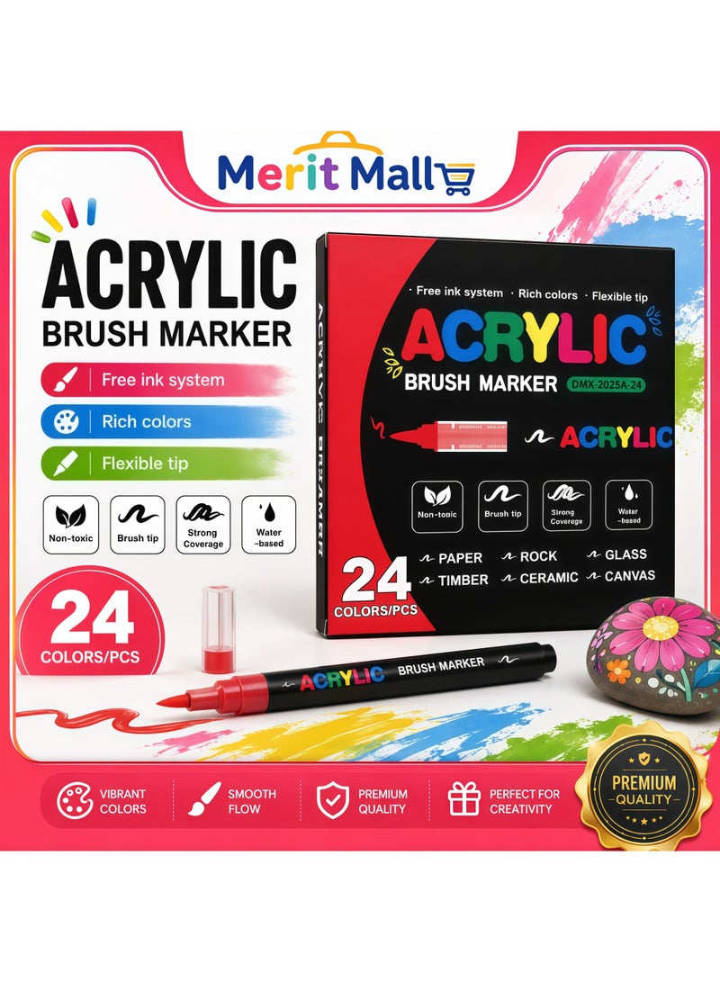 GuangNa 24 Colors Acrylic Brush Marker DMX-2025A-24 Water Based Non-toxic Paint Markers for Paper Rock Wood Ceramic Glass Canvas DIY Art Craft Drawing - Image 1