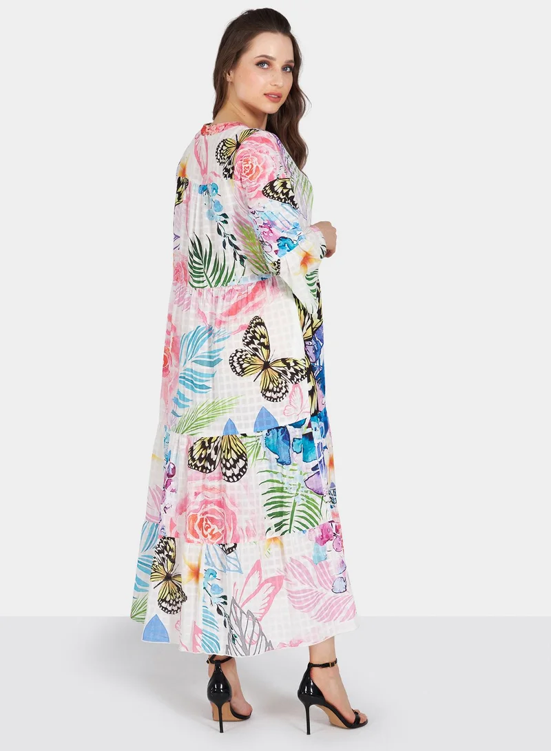 Couturelabs White Multi Color Butterfly Long Sleeve Printed Midi Dress With Gather Detailing