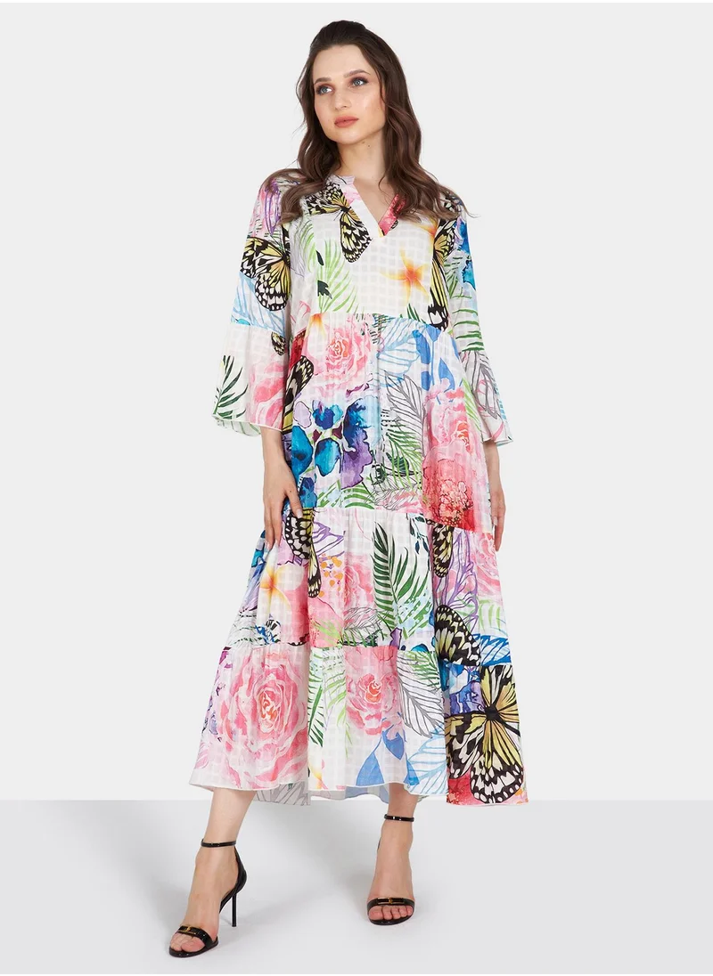 كوتور لابس White Multi Color Butterfly Long Sleeve Printed Midi Dress With Gather Detailing