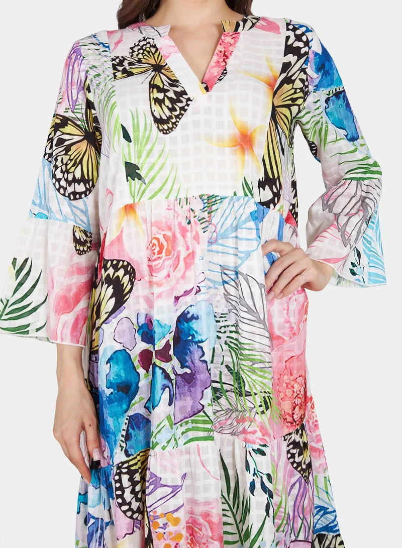 Couturelabs White Multi Color Butterfly Long Sleeve Printed Midi Dress With Gather Detailing