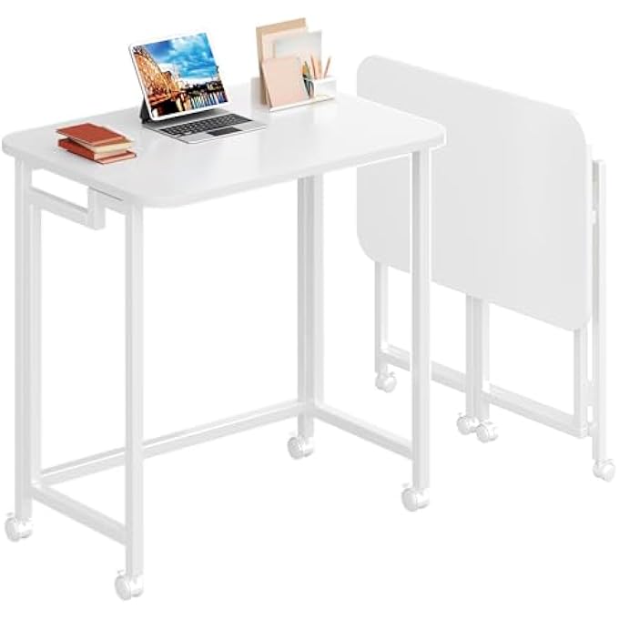rayihni 23.6" MOBILE SMALL FOLDING DESK, ADJUSTABLE ROLLING COMPACT LAPTOP CART DESK, COUCH DESK, BED DESK FOR LAPTOP FOR SMALL SPACE OFFICES - ALL WHITE - Image 1
