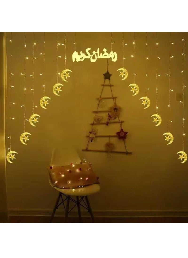 Yuwell Ramadan Light 3 Meter 136 LED String Light LED Decorative Light Multi Modes Operated Light With 3-Pin Plug For Ramadan Decoration Light Eid Decoration Light Warm White With Ramadan Kareem Sign Star And Moon Curtain Lights  - Image 1