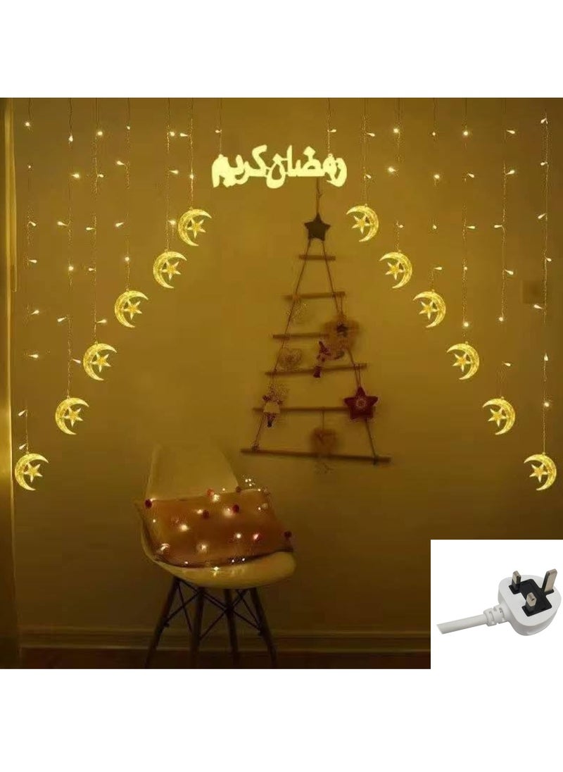 Yuwell Ramadan Light 3 Meter 136 LED String Light LED Decorative Light Multi Modes Operated Light With 3-Pin Plug For Ramadan Decoration Light Eid Decoration Light Warm White With Ramadan Kareem Sign Star And Moon Curtain Lights  - Image 2