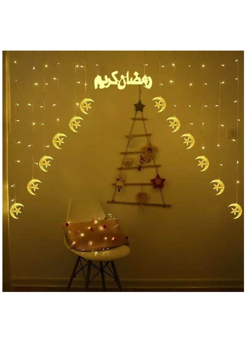 Yuwell Ramadan Light 3 Meter 136 LED String Light LED Decorative Light Multi Modes Operated Light With 3-Pin Plug For Ramadan Decoration Light Eid Decoration Light Warm White With Ramadan Kareem Sign Star And Moon Curtain Lights  - Image 4