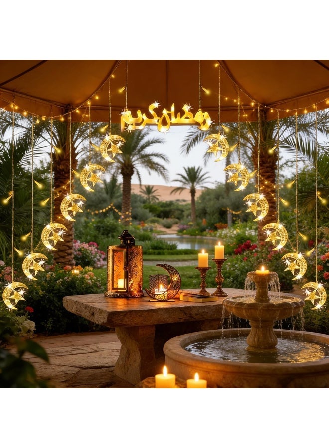 يوويل ضوء رمضان 3 متر 136 LED ضوء سلسلة LED ضوء زخرفي متعدد الأوضاع يعمل مع قابس 3 دبابيس لديكور رمضان ضوء زينة العيد أبيض دافئ مع أضواء ستارة نجمة وقمر بعلامة رمضان كريم - Image 2