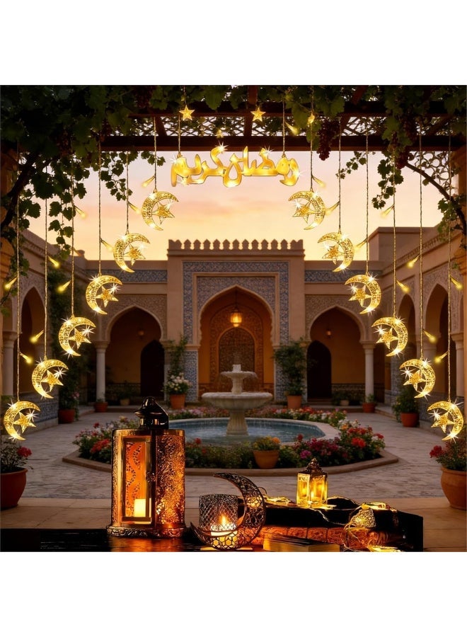 يوويل ضوء رمضان 3 متر 136 LED ضوء سلسلة LED ضوء زخرفي متعدد الأوضاع يعمل مع قابس 3 دبابيس لديكور رمضان ضوء زينة العيد أبيض دافئ مع أضواء ستارة نجمة وقمر بعلامة رمضان كريم - Image 1