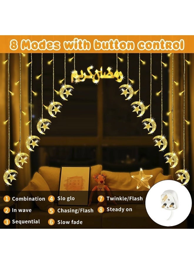 يوويل ضوء رمضان 3 متر 136 LED ضوء سلسلة LED ضوء زخرفي متعدد الأوضاع يعمل مع قابس 3 دبابيس لديكور رمضان ضوء زينة العيد أبيض دافئ مع أضواء ستارة نجمة وقمر بعلامة رمضان كريم - Image 4