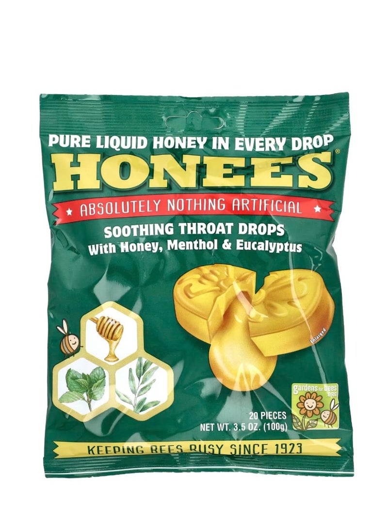 Honees Soothing Throat Drops with Honey Menthol & Eucalyptus 20 Pieces 3.5 oz (100 g) - Image 1