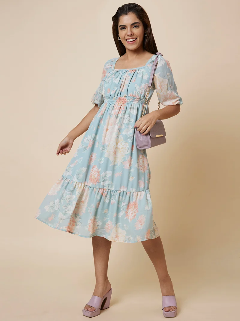 globus Women Green Printed Fit And Flare Dress