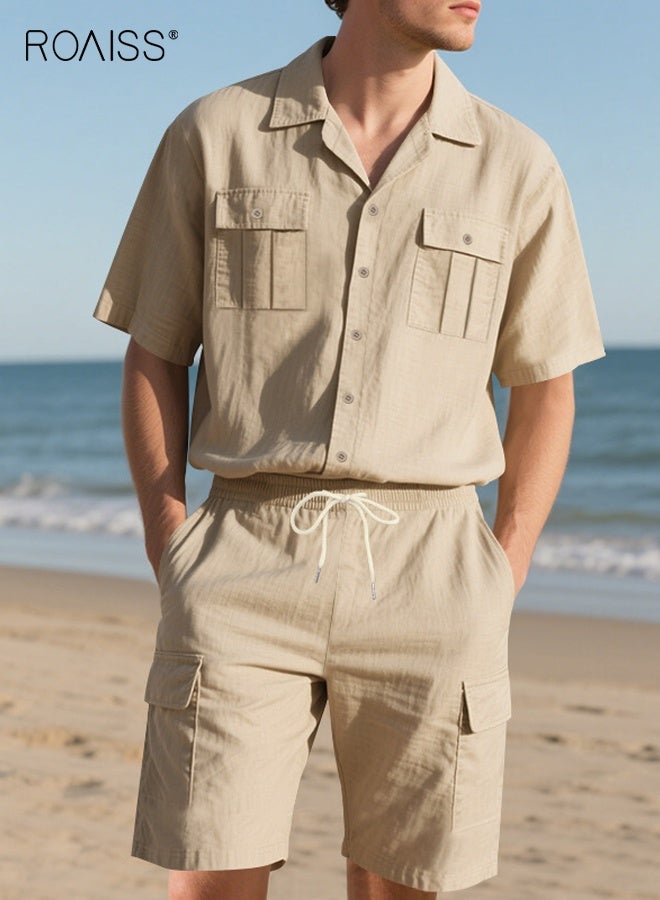 roaiss Men's Casual Multipocket Set Short Sleeve Shorts Two-Piece Breathable Cotton Blend Suit Relaxed Fit for Sports Casual Wear Light Khaki - Image 4